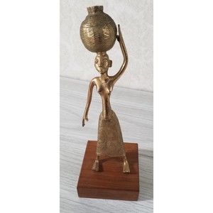 VTG Native African Women Statue Solid Brass Sculpture 7'' Tall Carrying Water